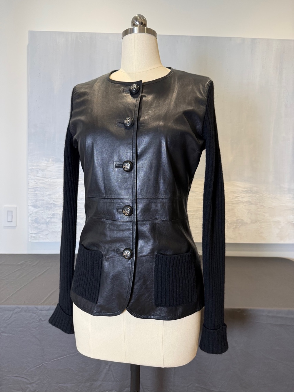 Tory Burch Leather and Cashmere Jacket with Knit back and Sleeves